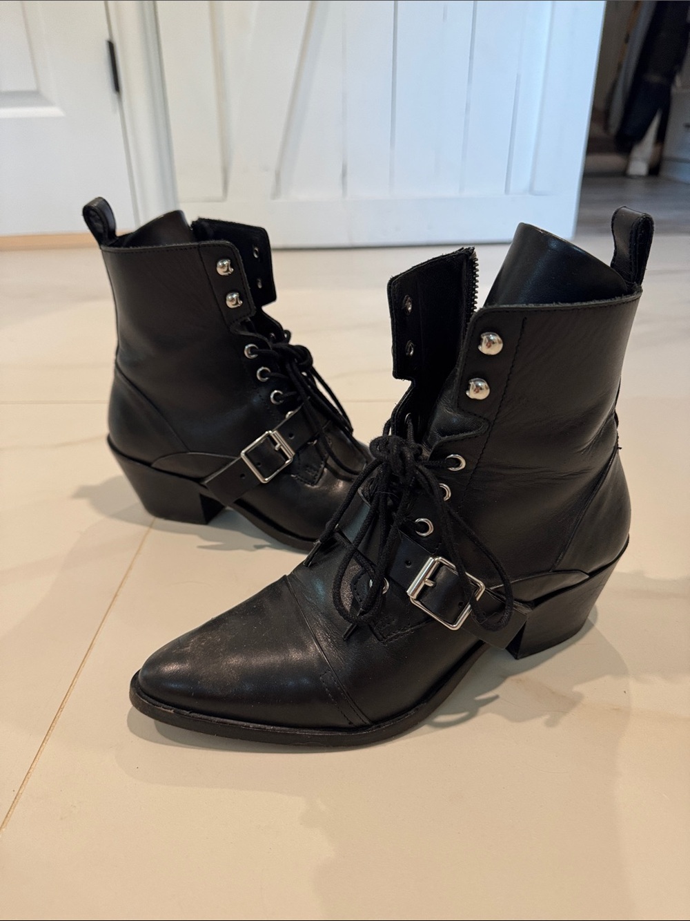 All Saints Black Leather Lace-Up Moto Ankle Boots with Buckles